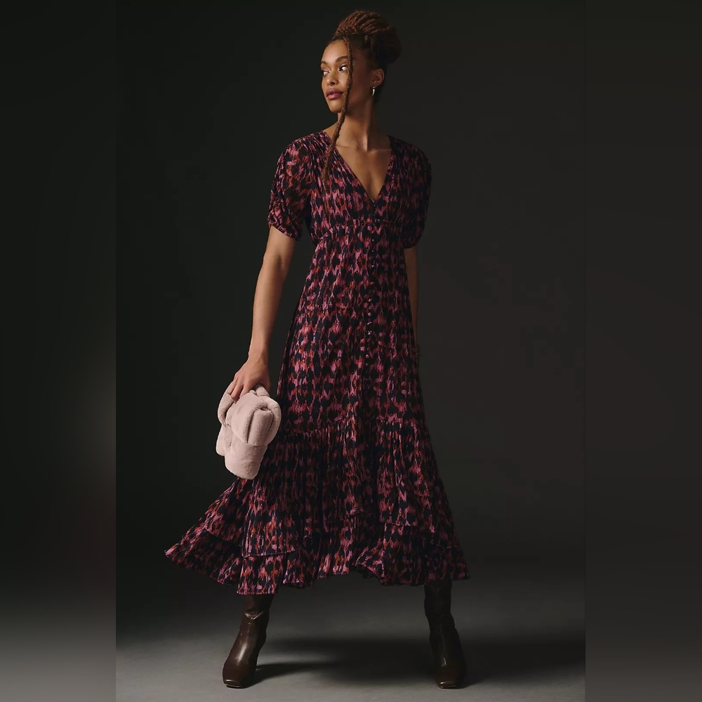 By Anthropologie Purple Printed V- Neck Ruched-Sleeve Mesh Lined Maxi Dress,XSP